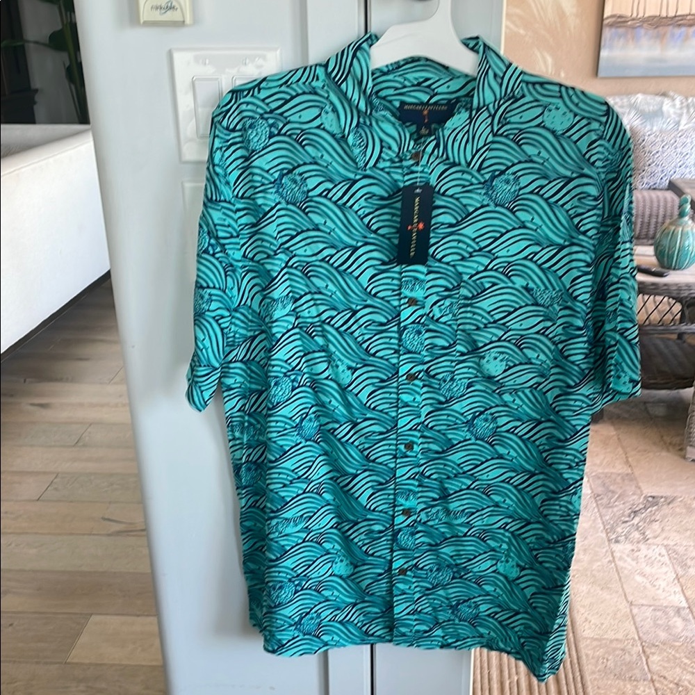 Men's LARGE Margaritaville turquoise and navy Patterned Shirt